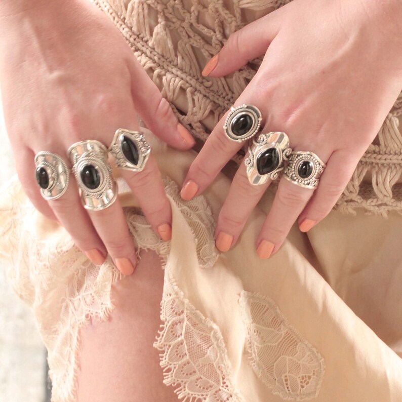 Solid Sterling Silver Ring Silver Gemstone Rings Natural Black Onyx Statement Ring Personalized Boho Ring Don Biu,