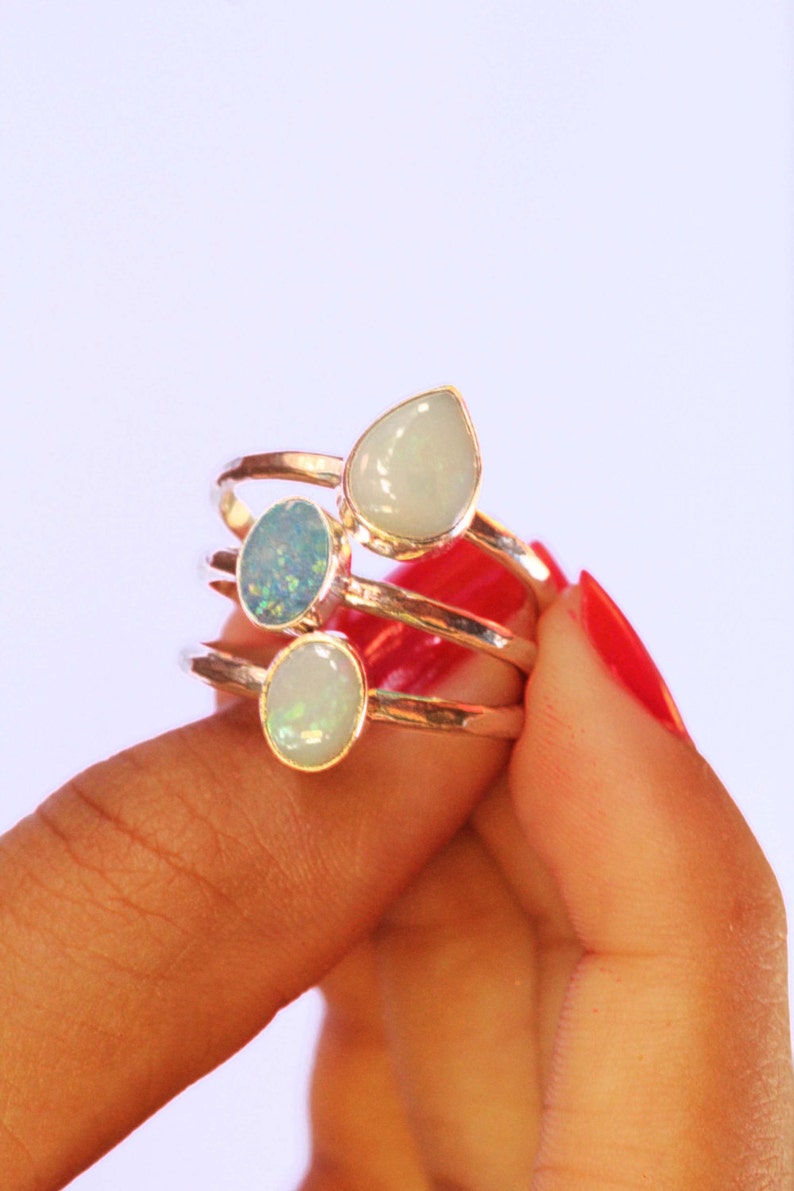 925 Sterling Pretty Thin Band Cute Silver Unique Solid Silver Simple Sparkly Rings Fashion Blue Opal Oval Stack Stacking Slim