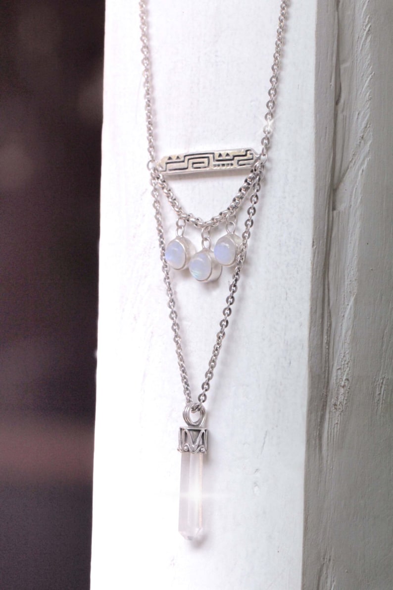 Gypsy Jewels Gemstone Necklace Rainbow Moonstone Necklace Boho Chic Jewelry Crystal Quartz Necklace Solid 925 Sterling Silver Necklace