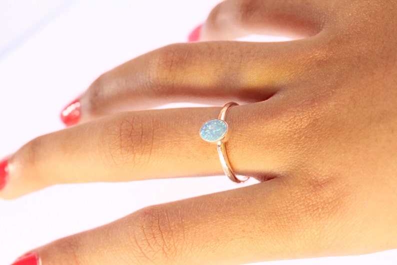 925 Sterling Pretty Thin Band Cute Silver Unique Solid Silver Simple Sparkly Rings Fashion Blue Opal Oval Stack Stacking Slim