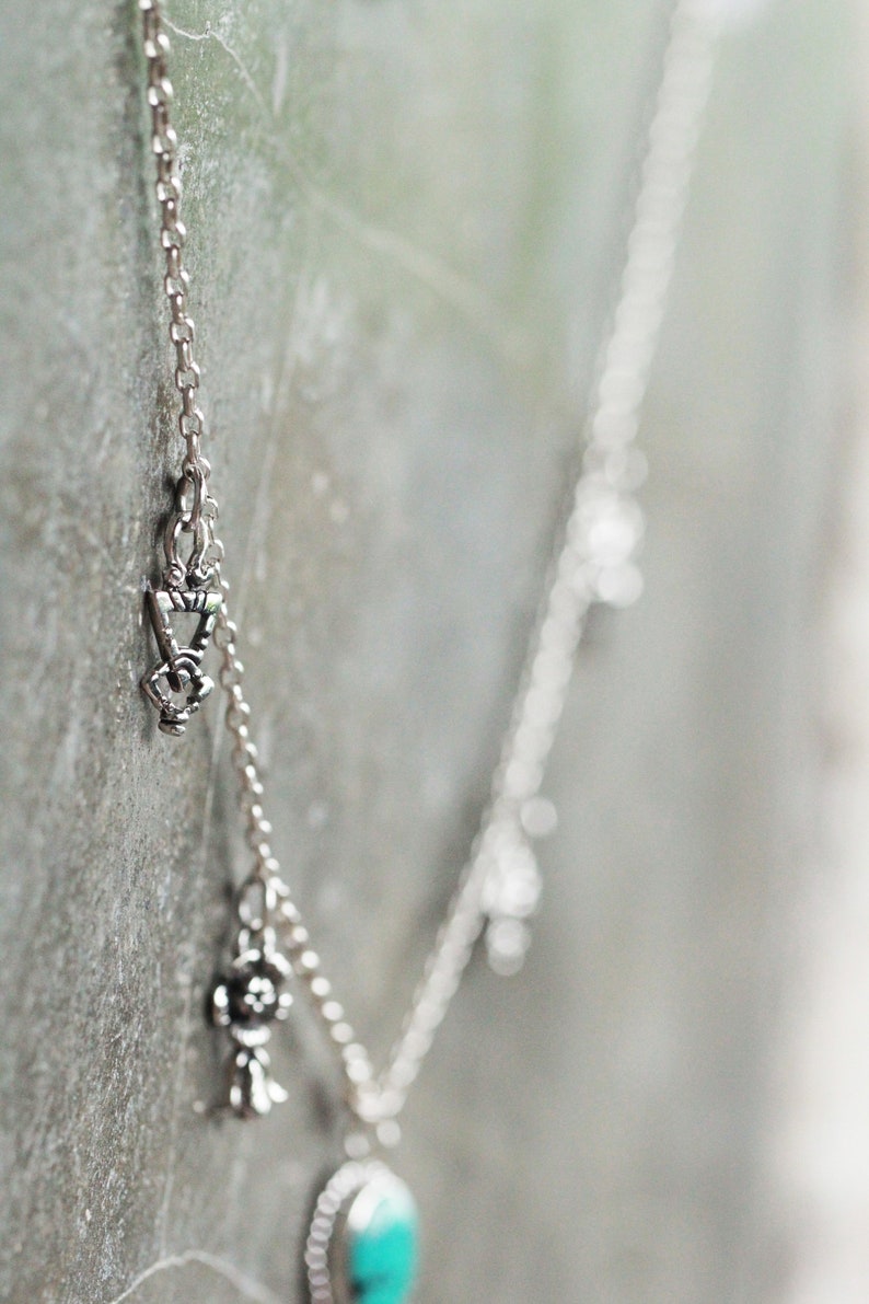925 Sterling Silver Natural Turquoise Necklace with Boho Style and Charms based on Alchemy and Geometry as well as Flowers