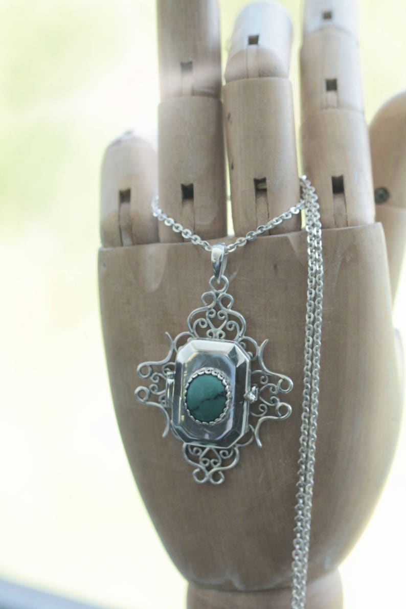 Sterling Silver Large Locket Silver Locket Boho Turquoise Locket Necklace Silver Locket Photo Locket Necklace