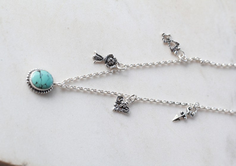 925 Sterling Silver Natural Turquoise Necklace with Boho Style and Charms based on Alchemy and Geometry as well as Flowers