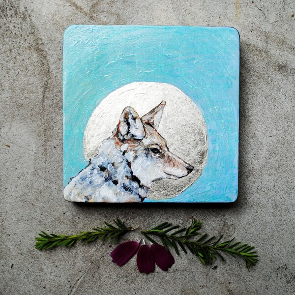 Blue Coyote Painting.  Fine Art.  Original Oil Painting with 12k White Gold Leaf.