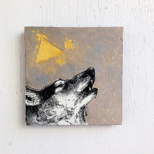 SALE: Wolf Triangles - Original Painting - 23k Gold Leaf - 6x6  Wall Art.  Geometric.  Howl.