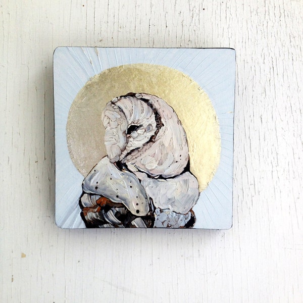 Vente - moitié hors - Boutique fermeture - chouette peinture sanctifia Effraie des clochers peinture Fine Art Original Oil Painting with 12k White Gold Leaf