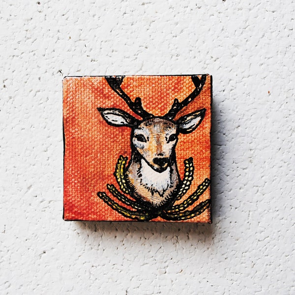 Tiny Deer Portrait.   Original Oil Painting.  Mini.  2x2.  Small.  Autumn Decor.  Red.  Rustic. Wheat Wreath.  Orange.  Harvest.