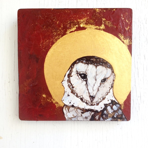 Sainted Barn Owl Painting.  Fine Art.  Original Oil Painting with 23k  Gold Leaf.