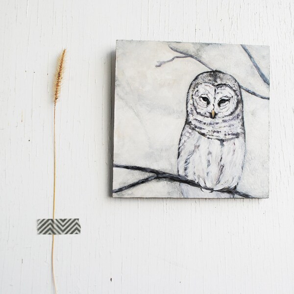 Snow Owl.  Painting.  6x6 Nature Symbols.  Winter.  Original Art.  Home Decor.  White.  Neutral