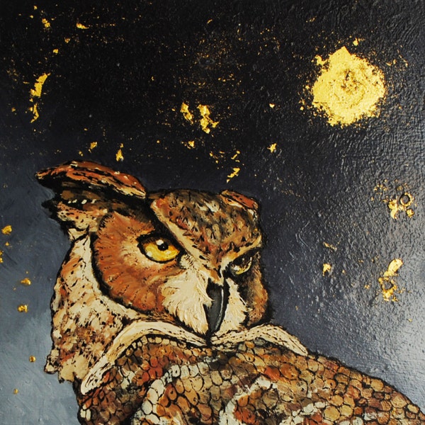 Great Horned Owl Painting.  Fine Art.  Original Oil Painting with 23k Gold Leaf.