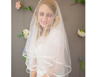 Satin edged wedding veil, double layer satin edge veil, long ribbon edged veil, simple veil, Darcey