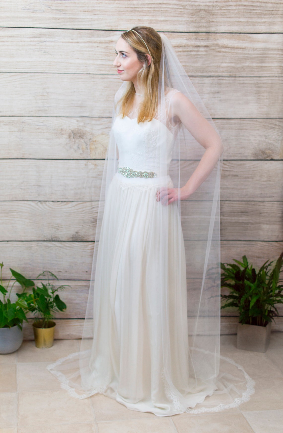 Lace Edged Boho Wedding Veil Chapel Length Lace Veil Boho Etsy UK