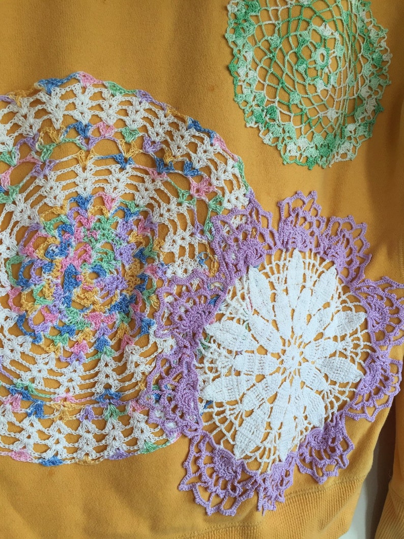 Upcycled restyled clothing GIRLS gold and purple crocheted vintage mandala hoodie