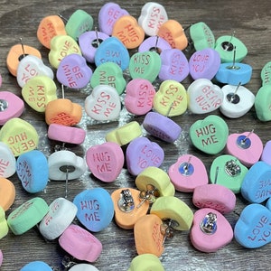 Valentine Conversation Heart Earrings, Valentine&#39;s Day Candy, Earring Posts, Mismatched Hearts, Dessert Earrings, Gift For Her, Be Mine