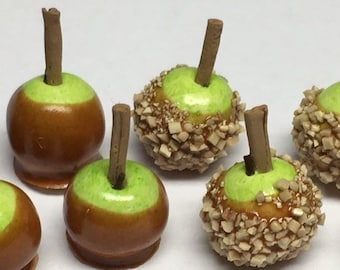 Dollhouse Miniature Hand Dipped Caramel Apples with Cinnamon Sticks