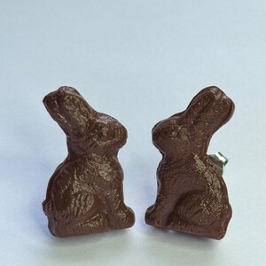 May include: A pair of brown bunny rabbit stud earrings. The earrings are made of a textured material that resembles chocolate.