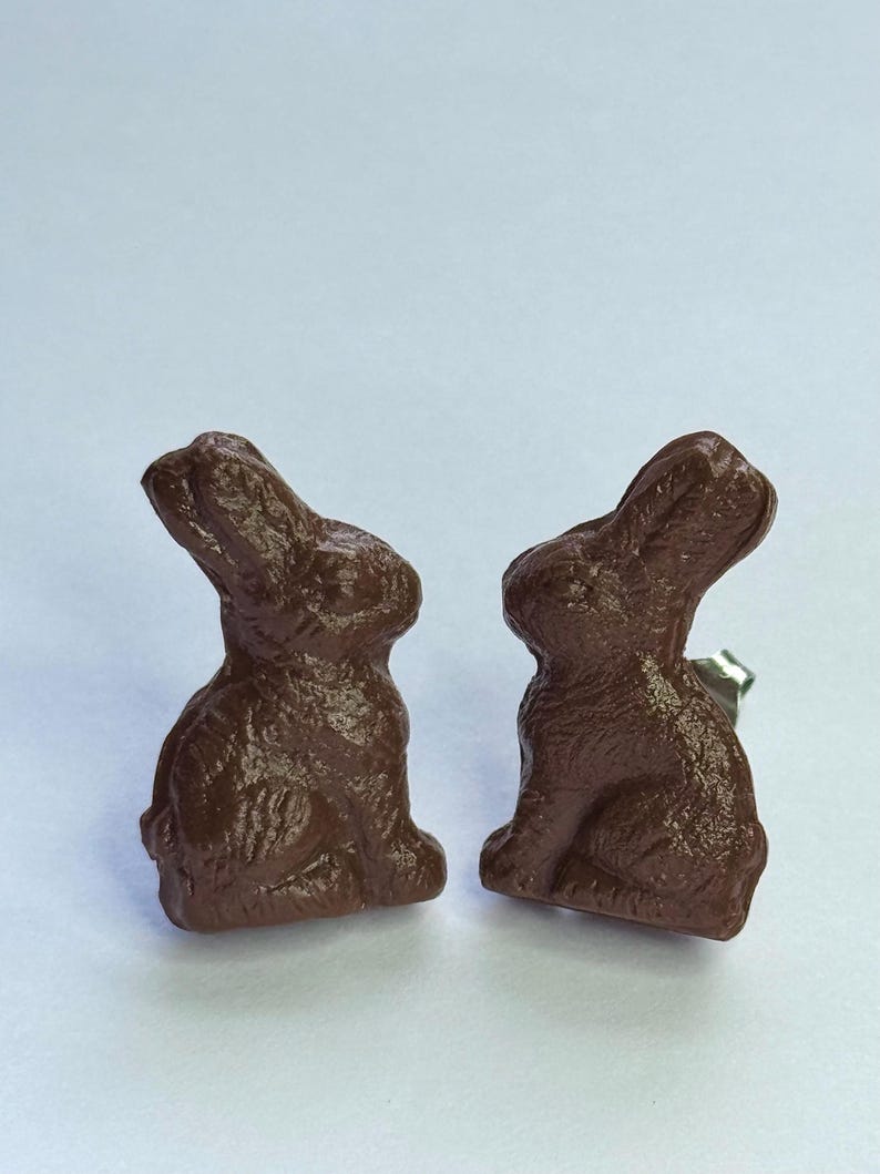 May include: A pair of brown bunny rabbit stud earrings. The earrings are made of a textured material that resembles chocolate.