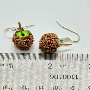 May include: A pair of handmade apple-shaped earrings. Each earring features a red apple covered in brown candy-like pieces, a green apple core, and a small wooden stick. The earrings hang from silver-colored fish hook ear wires.