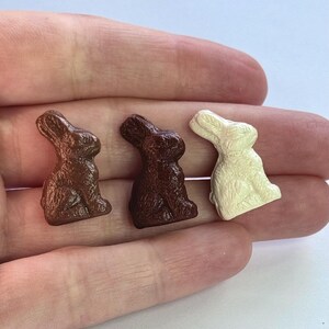 May include: Three chocolate bunny figurines, one brown, one dark brown, and one white.