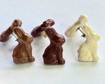 Chocolate Bunny Post Earrings, Handmade Miniature Jewelry, Easter Candy Earring Accessory, Chocolate Easter Bunny Stud, Polymer Clay Jewelry