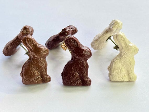 Chocolate Bunny Post Earrings, Handmade Miniature Jewelry, Easter Candy Earring Accessory, Chocolate Easter Bunny Stud, Polymer Clay Jewelry