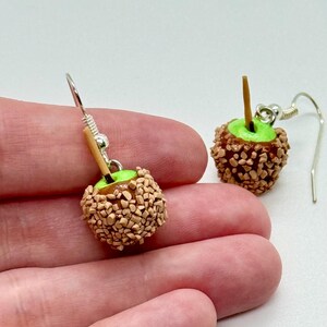 May include: A pair of handmade apple-shaped earrings. Each earring features a green apple base covered in small, brown, candy-like pieces, with a small wooden stick. The earrings hang from silver-colored hooks.