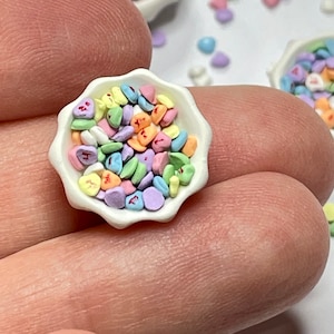 Valentine Miniature Conversation Hearts Bowl, Valentines Day Candy, Dollhouse Hearts, Dollhouse Sweets, Mini Candy Hearts, Polymer Clay Food