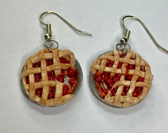 Cherry Pie Earrings, Miniature Food Jewelry, Hook Earrings, Dollhouse Pie Miniature Earring, Dangle Jewelry, Dessert Miniature, Clay Earring