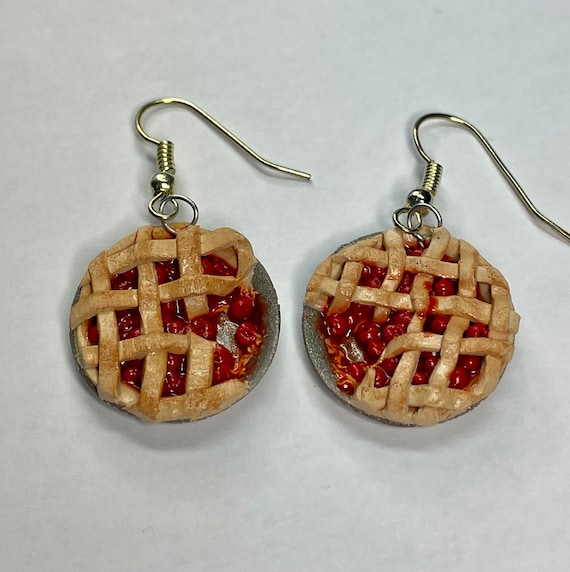 Cherry Pie Earrings, Miniature Food Jewelry, Hook Earrings, Dollhouse Pie Miniature Earring, Dangle Jewelry, Dessert Miniature, Clay Earring