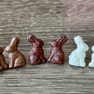 May include: Four ceramic bunny figurines, two brown and two white, arranged in a row on a wood surface. The bunnies are facing forward with their ears up.