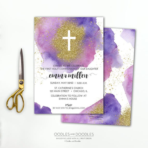 First Communion Invitation Pink And Purple Watercolors Gold Glitter