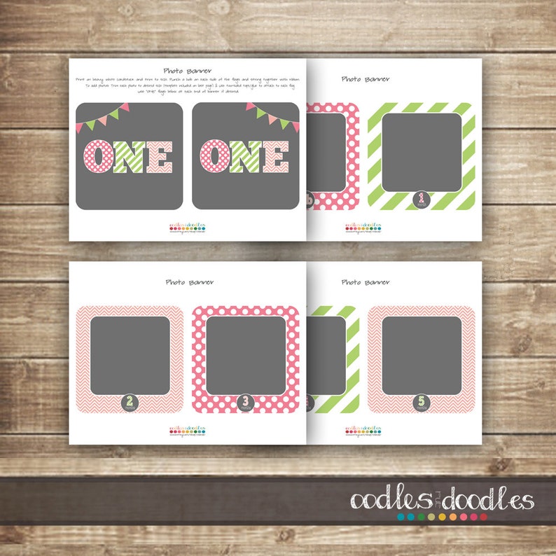 Polka Dots Girl/'s Printable Stripes First Birthday Photo Banner ONE Chevron 1st Birthday Photo Banner Pink and Green