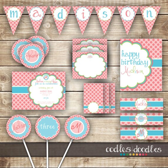 Pink & Turquoise Girl's Birthday Party, Pink Polka Dots Birthday Party Printables, Turquoise, Pink, Lime Green, Girl's Birthday Party Decor Il_570xn