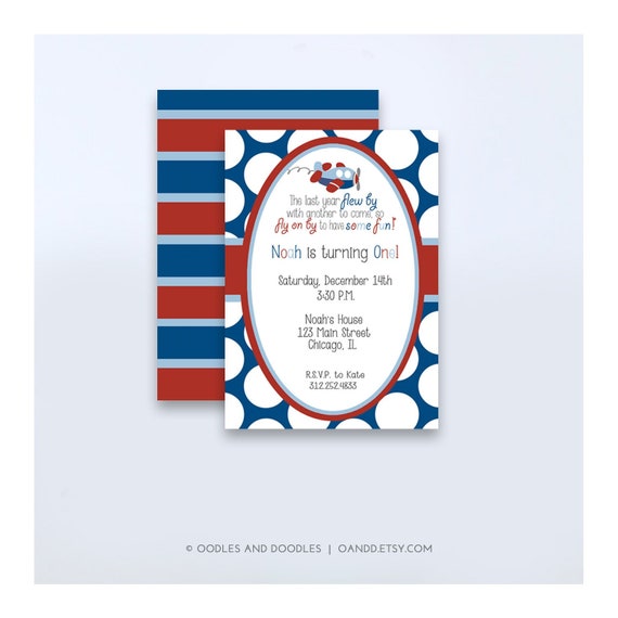 Airplane Birthday Invitation / 1st, 2nd, 3rd Boy's Birthday / Boy's Airplane Birthday / Red and Blue / Polka Dots, Printable or Printed Il_570xn