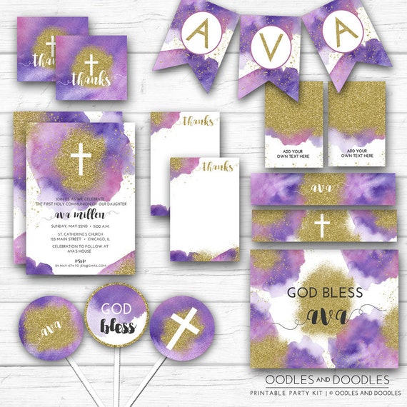 Girl S First Communion Purple Pink Gold Watercolors Purple