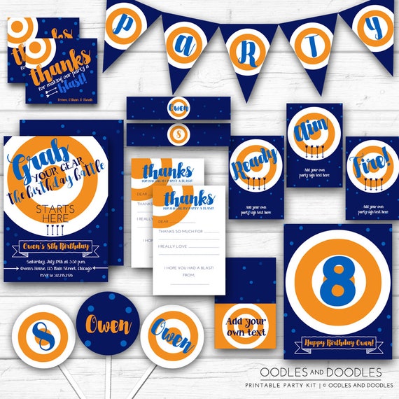 Dart Gun Birthday Party, Dart Blaster, Blue and Orange Boy's Birthday Party Pack, Printable Party Package, Dart Gun Decorations - Printable Il_570xn