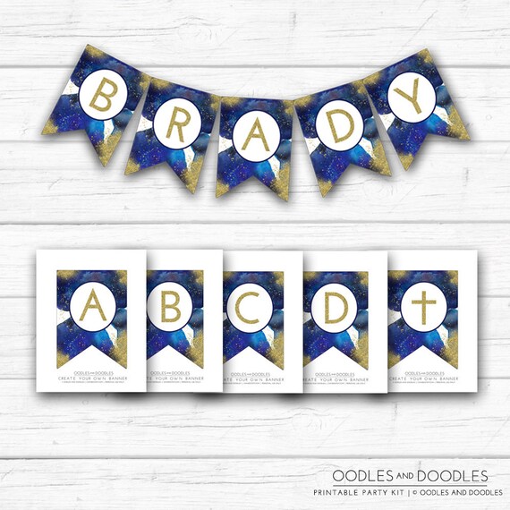 Navy and Gold Banner, Watercolors, Bunting, Baby Shower, Baptism, Dedication, First Communion Banner, Create Your Own A to Z - Printable Il_570xn