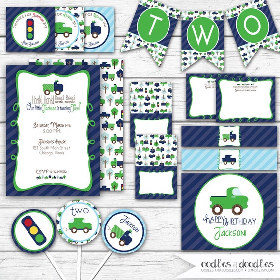Cars Birthday Party, Cars and Trucks, Boy's Birthday, Cars Party Printables, Navy and Green, Printable Party Package Il_570xn