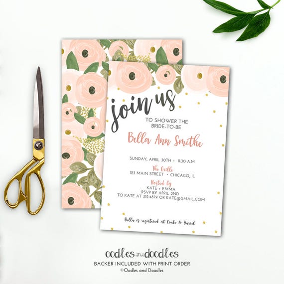 Pink and Gold Bridal Shower Invitation Floral Watercolors Blush Pink and Gold Confetti Shower Invitation, Florals, Printed or Printable File Il_570xn