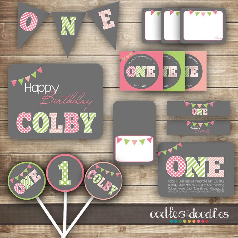 Polka Dots Girl/'s Printable Stripes First Birthday Photo Banner ONE Chevron 1st Birthday Photo Banner Pink and Green