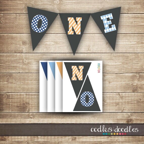 1st Birthday Pennant Banner / Boy's First Birthday Pennant Banner / Blues & Orange / ONE banner - INSTANT DOWNLOAD - Printable Il_570xn