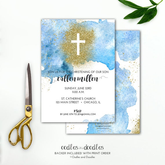 baptism invitation boys blue ombre and gold watercolors