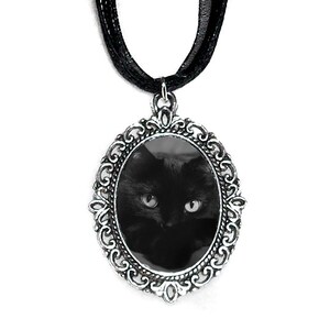 Black Cat Cameo Necklace, Silver Plated, Cat Pendant, Black Organza, Gift Idea, Dark image 1