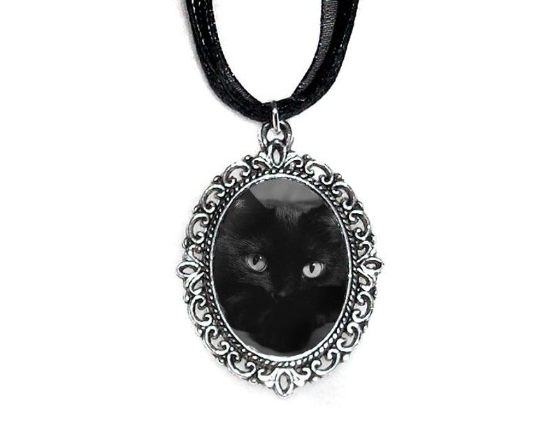 Black Cat Cameo Necklace, Silver Plated, Cat Pendant, Black Organza, Gift Idea, Dark image 1