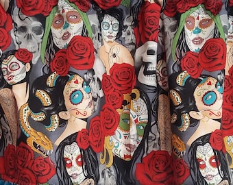 Alexander Henry Nocturna Fabric, Sugar Skulls and Roses Fabric Yardage