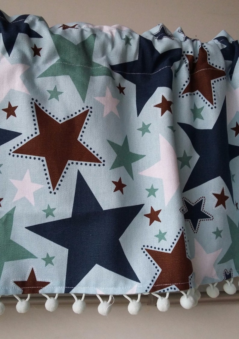 Blue Stars bedroom valance with minty pom trim, Fabric by the yard image 1