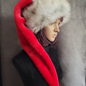 Red Santa Hat with Faux Canadian Fox Trim