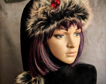Black Santa Hat with Gray and Black Fur Trim