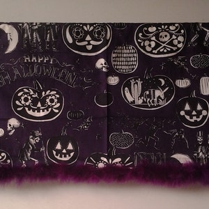 Purple  Calaveras Kitchen Valance with Plum Marabou Trim, Fabric by the yard