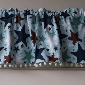 Blue Stars bedroom valance with minty pom trim, Fabric by the yard image 2